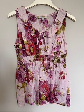 100% Cotton DressBarn Pink Floral Eyelet Ruffle Neck Blouse